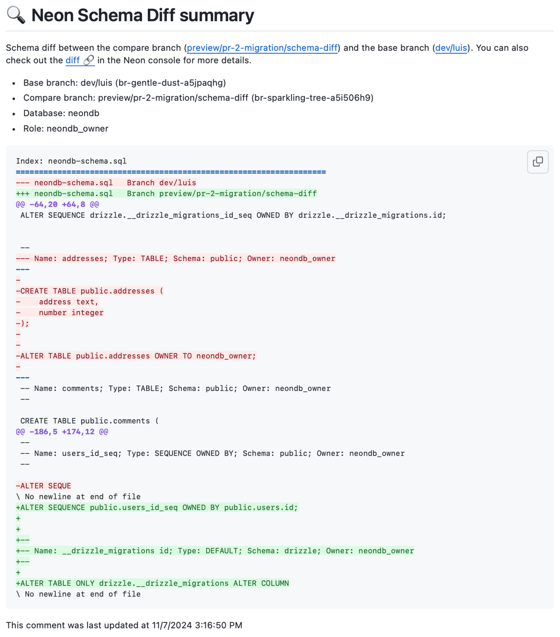A schema diff action comment as appears in a pull request